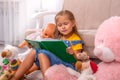 Shot of a little girl reading a book with her teddy bear and other toys around her