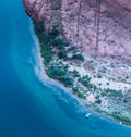 Aerial photograph and rafts and campfires along Colorado River. Royalty Free Stock Photo