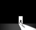 Shot of male with a ling shadow from a door with a black-colored wall. Minimal concept and Less is more