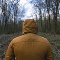 Man in the forest, man and nature, man alone in the forest, man walking on forest road Royalty Free Stock Photo