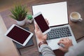 Shot of man hand using, holding smartphone or mobile mockup with blank black screen display. Royalty Free Stock Photo