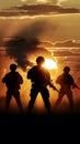 shot Marines in action silhouetted by fiery sunset amidst smoke Royalty Free Stock Photo