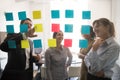 Positive diverse employees brainstorming at briefing using post-it notes