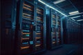 Shot of Modern Data Center With Multiple Rows of Fully Operational Server Racks. Modern High-Tech Telecommunications Database Royalty Free Stock Photo