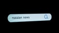 Shot of monitor screen. Pixel screen with animated search bar, keywords Russian news typed in, browser bar with