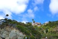 A shot of the mountain side at the beach with luxury homes on top of a lush green hillside at 1000 steps beach