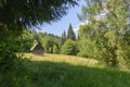 Old wooden house in mountains. Alone cabin in the mountain fores