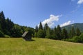 Old wooden house in mountains. Alone cabin in the mountain fores