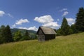 Old wooden house in mountains. Alone cabin in the mountain forest