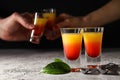 Shot with orange taste, tasty citrus shot concept