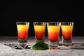 Shot with orange taste, tasty citrus shot concept