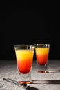 Shot with orange taste, tasty citrus shot concept