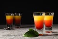 Shot with orange taste, tasty citrus shot concept