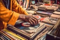 A shot of a person flipping through a collection of vinyl records from the 1960s, showcasing the music and cultural influences of