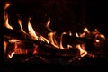 Shot of a piece of woods burning in the fire flames in the night Royalty Free Stock Photo