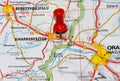 Shot of a pinned location on map of the Artand locality in Hungary