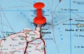 Shot of pinned location on the map of Bastia city in France