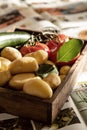 Small new potatoes on rustic box Royalty Free Stock Photo