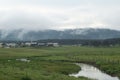 Shot of a river in a spacy field with a small town and forests in the background