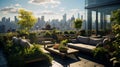 shot of a Rooftop Garden Landscape, utilizing rooftop spaces to create green oases with planters and seating areas by AI generated