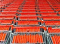 Shot of rows of pushcarts parking in the supermarket - Concept of shopping Royalty Free Stock Photo