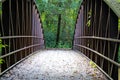 A shot of a rust colored iron bridge covered in fallen leaves over the brown waters of the Chattahoochee silky brown river Royalty Free Stock Photo