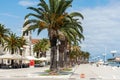 Shot of a seafront promenade under palm trees in idyllic coastal town of Trogir in Croatia