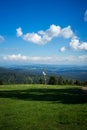 Shot of a sign post against a landscape of trees and hills Royalty Free Stock Photo