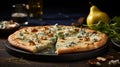 shot of a slice of Pear and Gorgonzola Pizza, highlighting the thin crust, the creamy gorgonzola cheese by AI generated
