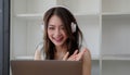 Shot of smiling businesswoman looking at camera webcam make conference business call, recording video blog, talking with Royalty Free Stock Photo