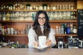 Smiling female coffee shop owner businesswoman standing behind the counter in the cafe Royalty Free Stock Photo