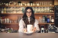 Smiling female coffee shop owner woman standing behind the counter in the cafe Royalty Free Stock Photo