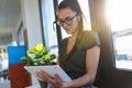 Smiling young business woman using her digital tablet while sitting next to the window in the office Royalty Free Stock Photo