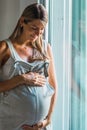 Shot of smiling young pregnant woman looking and touching her belly close to the window at home Royalty Free Stock Photo