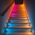 A shot of a staircase with varying lighting on each step creating dynamic contrasts between the upper and lower levels