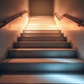 A shot of a staircase with varying lighting on each step creating dynamic contrasts between the upper and lower levels