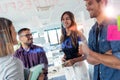 Successful business team discussing together in front of office glass board in the coworking space Royalty Free Stock Photo