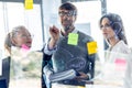 Successful business team writing notes at office glass board while discussing together in the coworking space Royalty Free Stock Photo