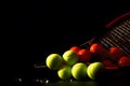 A shot of a tennis racket and a tennis ball. Neural network AI generated Royalty Free Stock Photo