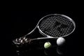 A shot of a tennis racket and a tennis ball. Neural network AI generated Royalty Free Stock Photo