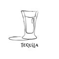Shot tequila. Graphic art. Drink element. Black white. Retro glass tequila hand draw, design for any purposes. Restaurant