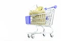 Shot of a tiny sack of golden coins in a shopping cart on a white background with copy space