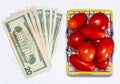 Shot of tomatoes in shopping basket isolated on white background with various US dollar bills next to it. Ripe tasty red tomatos Royalty Free Stock Photo