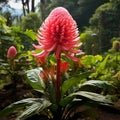 shot of Torch Ginger (Etlingera elatior), with its vibrant red inflorescence standing tall in the forest by AI generated