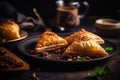 Shot Of Traditional Ramadan Dessert, Like Baklava Or Qatayef, On Plate. Generative AI