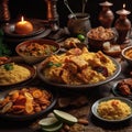 Shot Of Traditional Ramadan Meal Spread With Dishes Like Biryani, Kebab, And Samosas. Generative AI