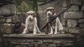 shot of two dogs with guns on a stone wall generative AI