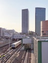 Shot of two trains traveling along train tracks in a city: U-Bahn train in Vienna, Austria Royalty Free Stock Photo