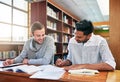 Lets compare notes. Shot of two university students working together in the library at campus. Royalty Free Stock Photo