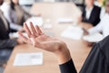 Its your choice. Shot of an unrecognizable businessperson talking during a meeting at work.